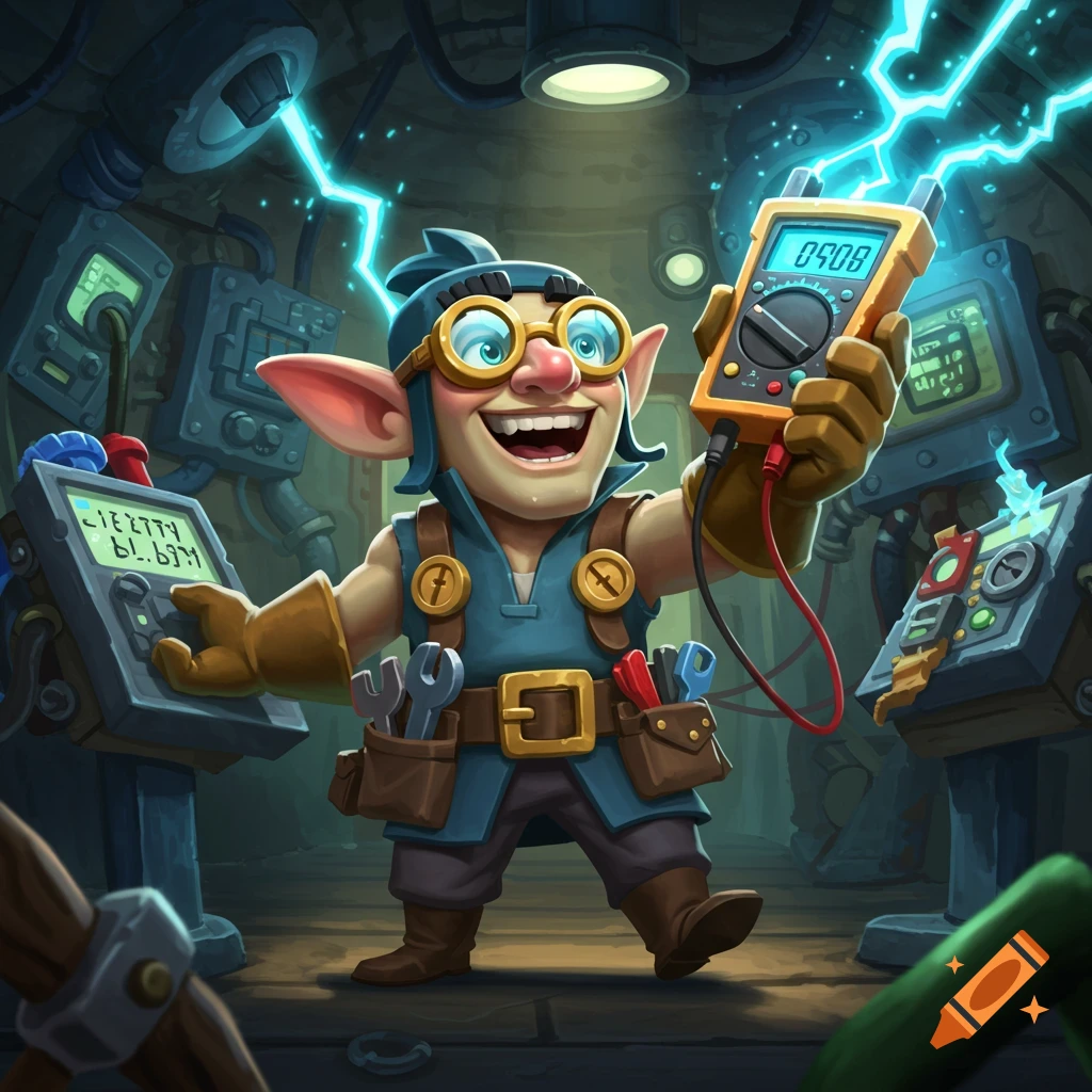 A happy, cartoonish goblin electrician holding a multimeter, surrounded by electronic equipment and blue lightning.