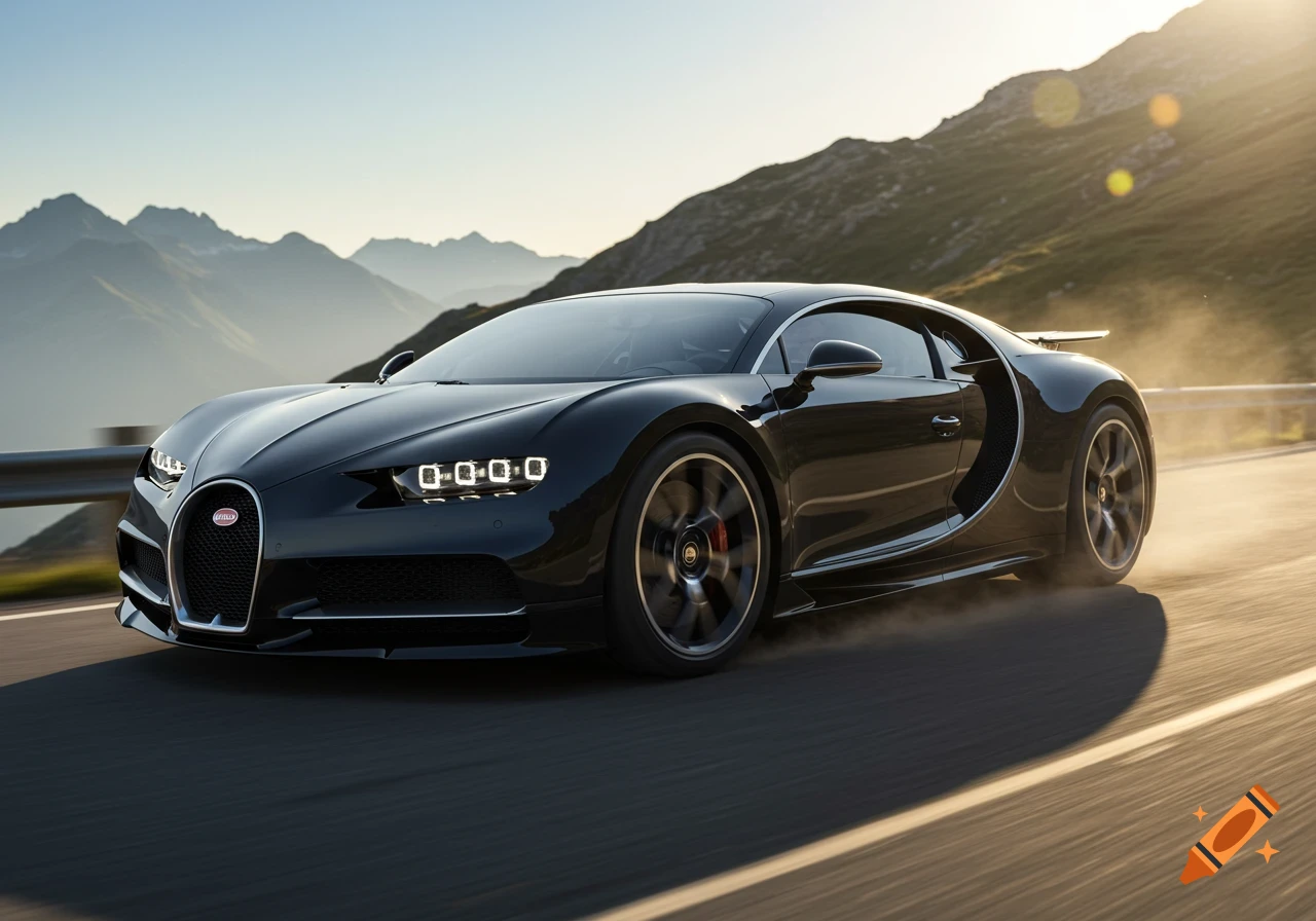 A sleek, black Bugatti sports car drives along a winding mountain road at sunset, stirring up dust.