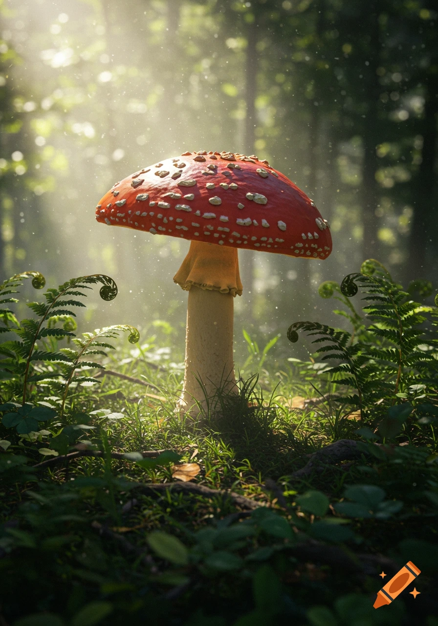 A vibrant red and white mushroom stands tall in a sunlit forest, surrounded by green ferns and grass, in a photorealistic style.