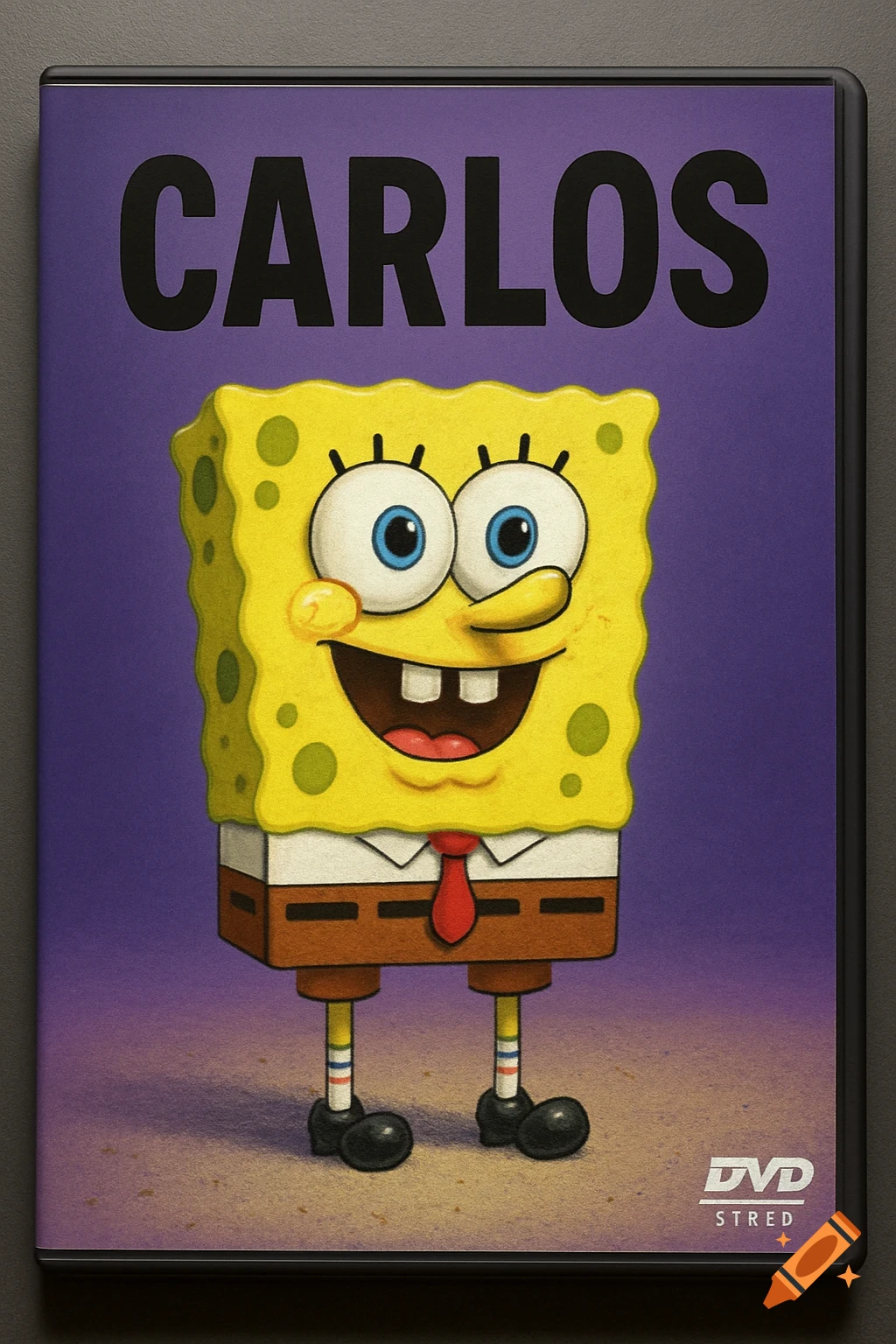 Spongebob Squarepants with no arms on a purple DVD cover. The title "CARLOS" is in black text at the top, and "DVD STRED" is at the bottom right.
