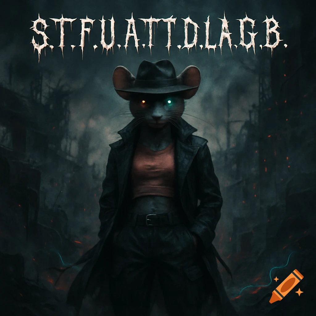 A humanoid mouse fursona in a duster coat and fedora stands in a dystopian wasteland under glowing text 'S.T.F.U.A.T.T.D.L.A.G.B.'.