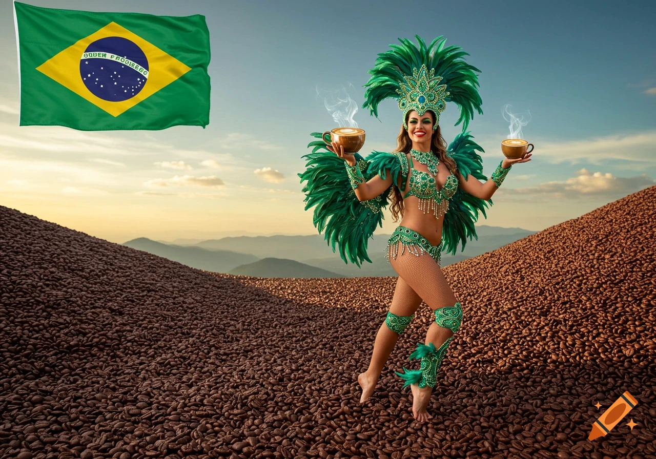 A Brazilian samba dancer in a green costume holds steaming coffee cups on piles of coffee beans, with the Brazilian flag overhead.