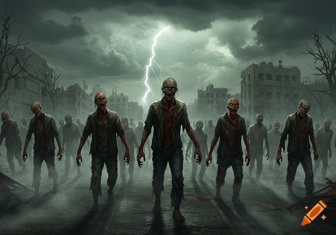 A horde of decaying zombies with glowing eyes and tattered clothes shuffles down a foggy, ruined city street under a stormy sky with lightning.
