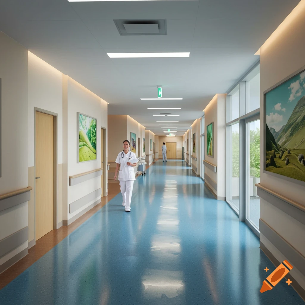 A well-lit, modern hospital hallway with a nurse in scrubs walking towards the viewer and another person further down.
