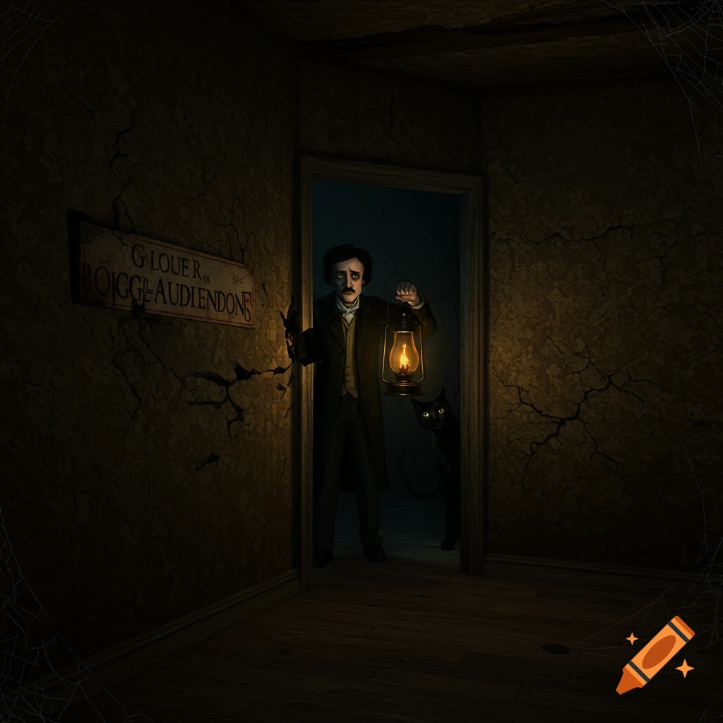 A terrified man holding a lantern stands in a dark, cracked room with a black cat peering from the shadows, in a gothic horror style.