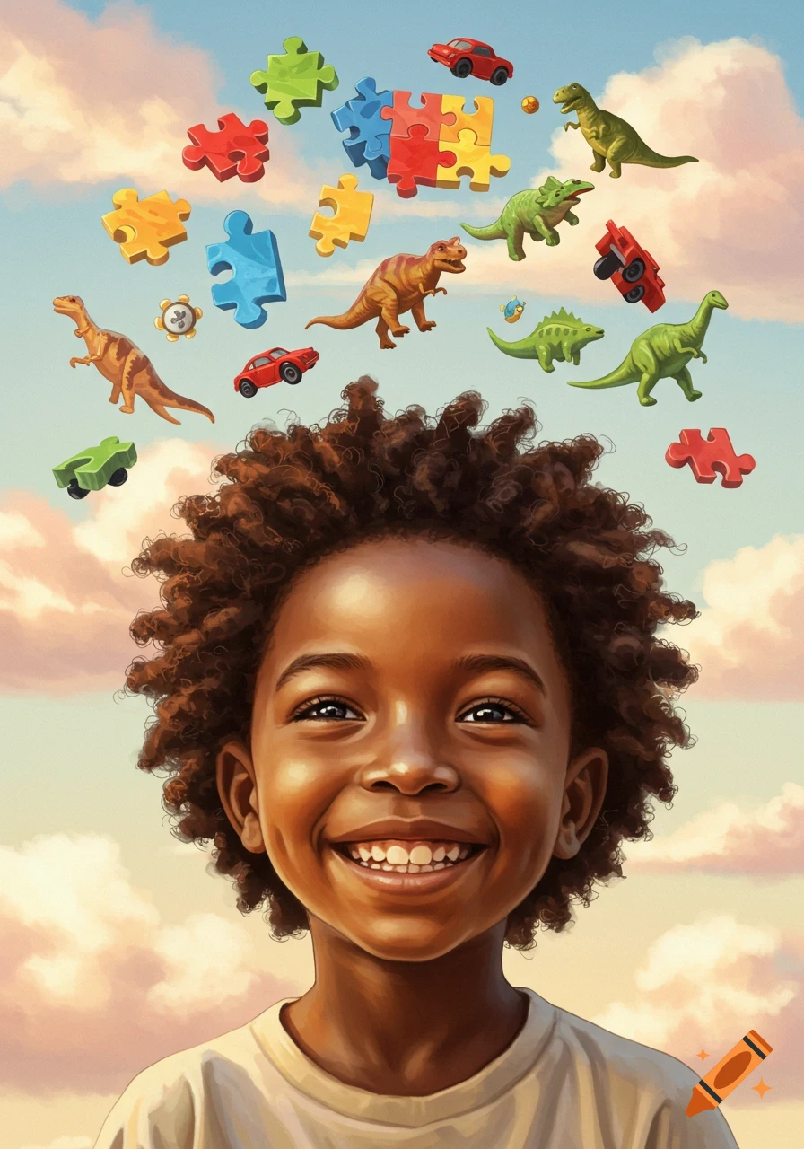 A smiling young Black boy with curly hair looks up at a sky filled with floating colorful puzzle pieces, toy cars, and toy dinosaurs.