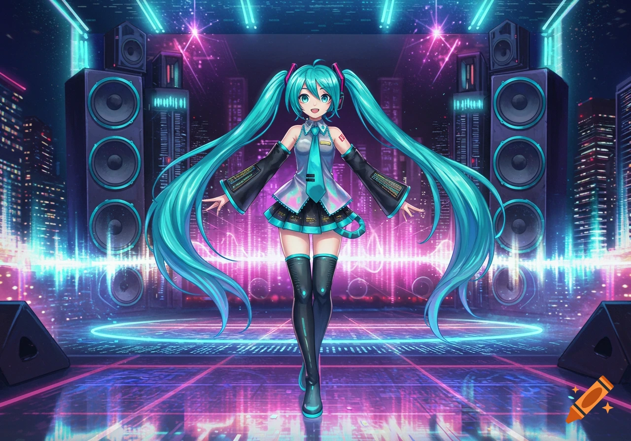 Hatsune Miku, an anime girl with long turquoise pigtails, stands on a neon-lit stage with large speakers and a glowing cityscape background.