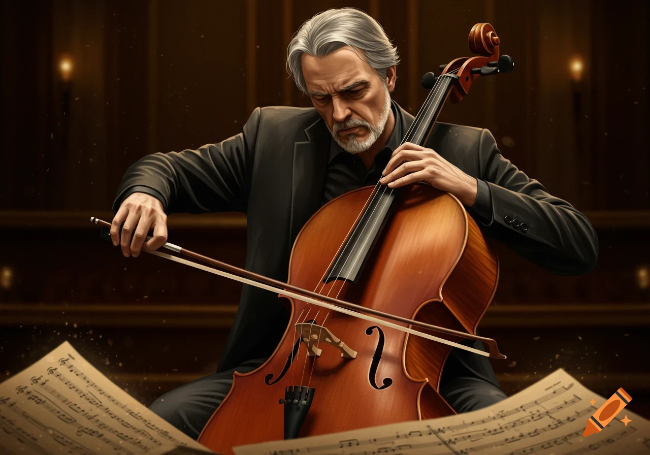 A focused man with gray hair and a beard plays a cello, surrounded by scattered sheet music in a dimly lit concert hall.