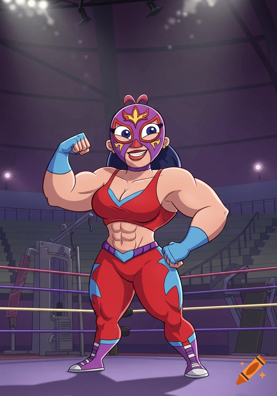 A muscular cartoon female masked wrestler flexes her bicep in a wrestling ring under spotlights.