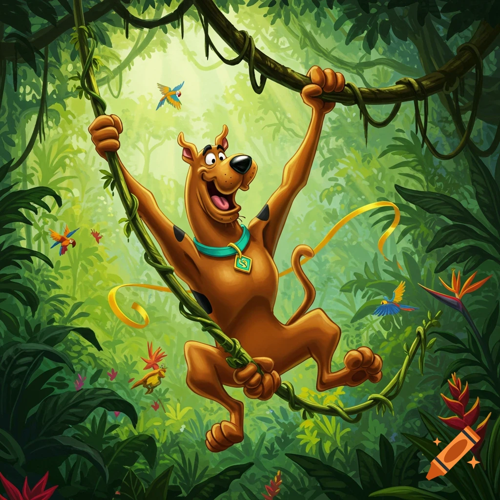 Scooby Doo swings happily on a thick jungle vine, surrounded by lush green foliage, colorful birds, and bright flowers, in a vibrant cartoon style.