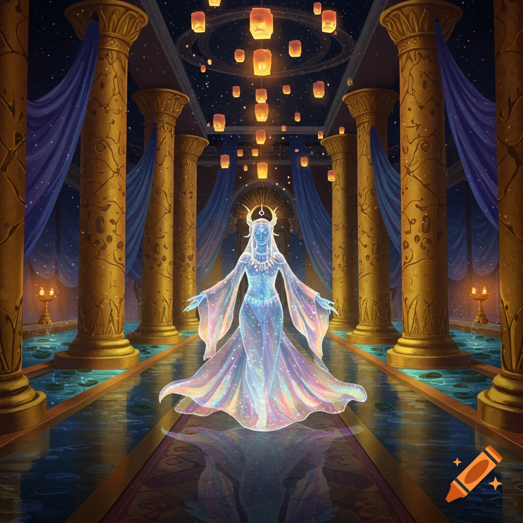 An ethereal glowing figure in translucent robes stands in a grand hall with golden pillars, blue drapes, and floating lanterns under a starry sky.