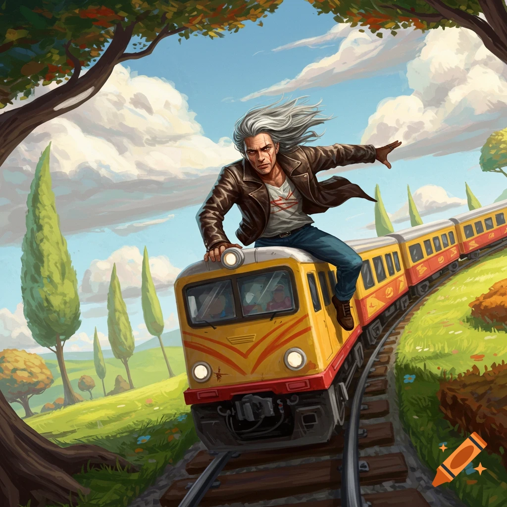 A grunge man with long gray hair in a brown leather jacket rides atop a yellow train speeding through a green, hilly landscape, illustration.