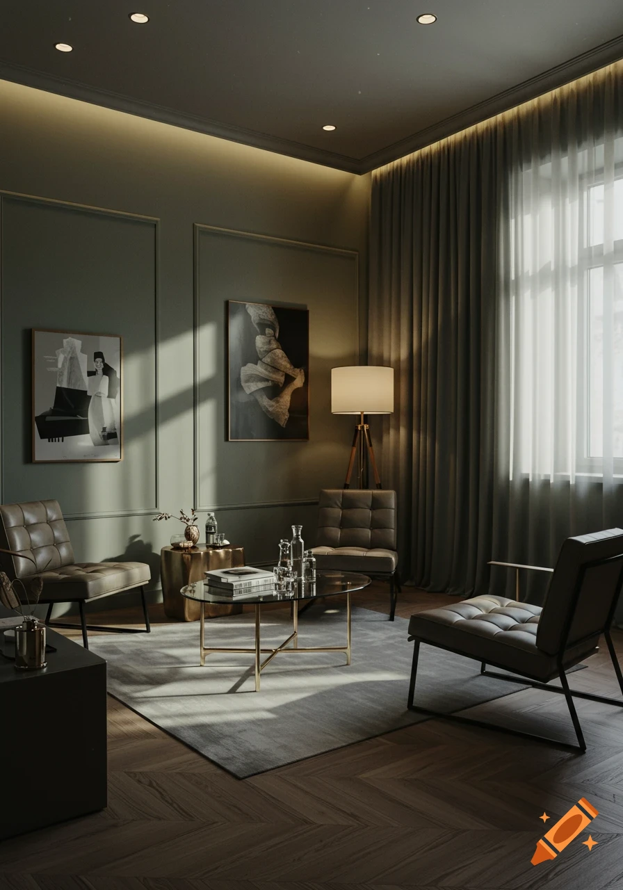 A stylish, dimly lit modern living room with green paneled walls, two leather armchairs, a glass coffee table, and abstract art.