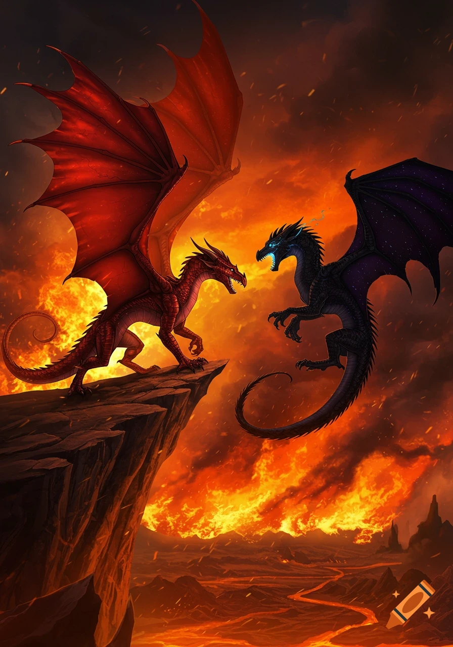 A red dragon on a cliff confronts a dark-winged dragon, both silhouetted against a dramatic backdrop of towering flames and lava rivers.