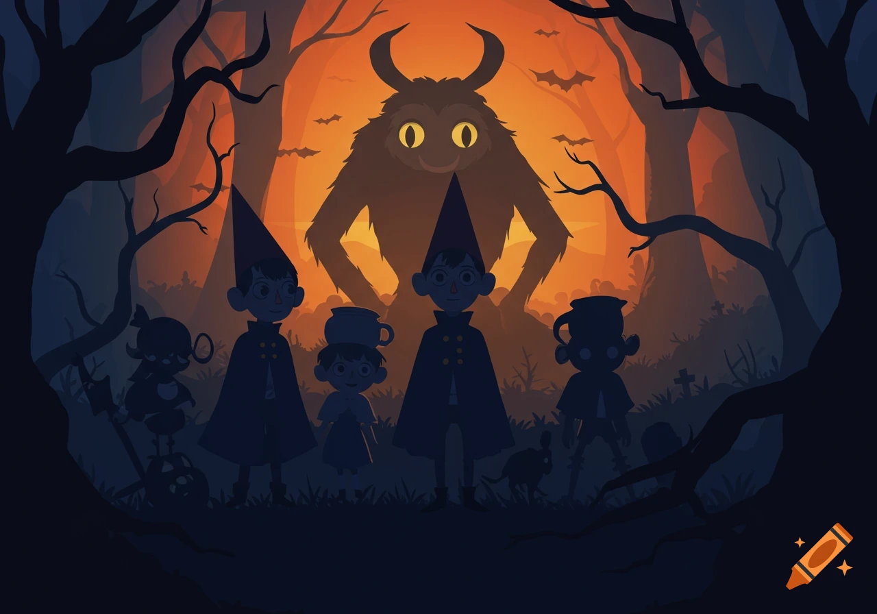 Stylized illustration of Over the Garden Wall characters and the Beast in a spooky, orange-glowing forest with bats.