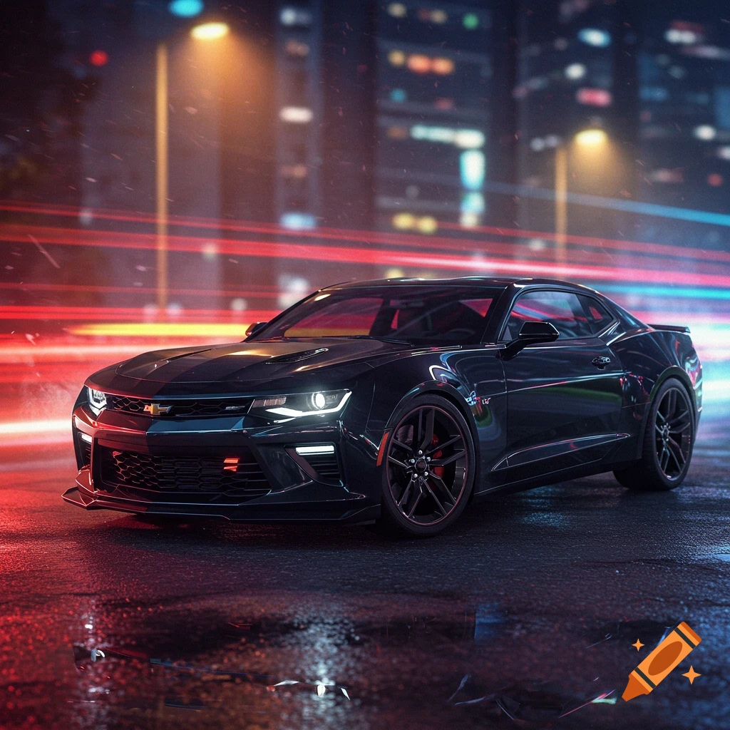 A dark Chevrolet Camaro sports car parked on a wet city street at night, illuminated by bright red and blue light trails.