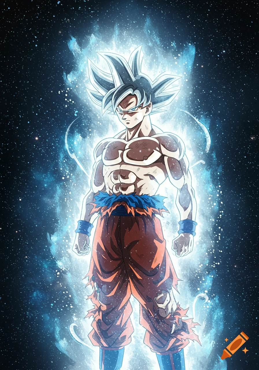 Goku in Ultra Instinct form glows with a powerful blue aura against a dark, star-filled cosmic background.