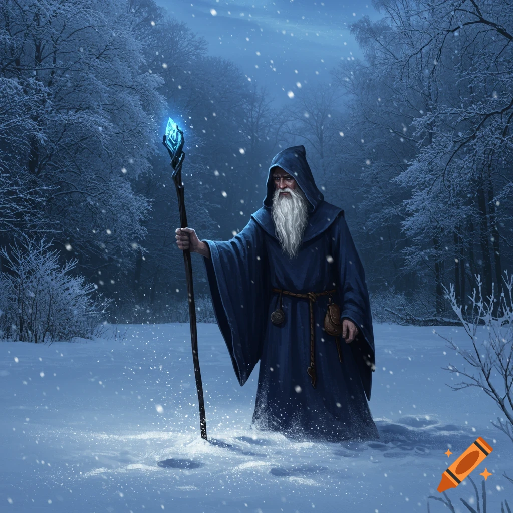 An elderly wizard in a dark blue hooded cloak holds a glowing staff while walking through a snowy forest with falling snow.