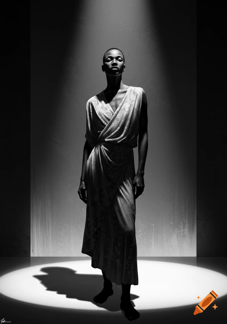 A black and white portrait of a model in a flowing dress, standing under dramatic spotlights.