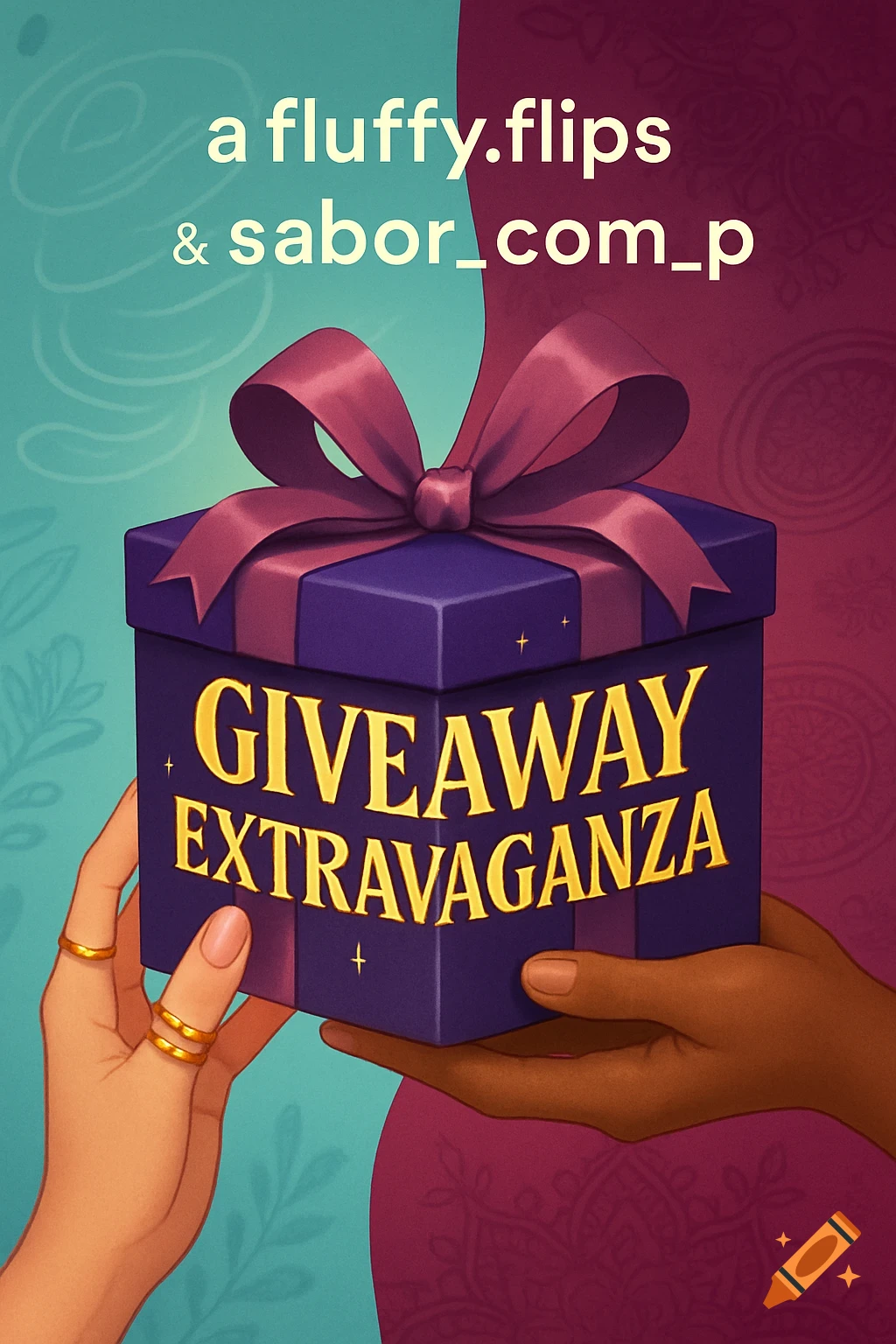 Two hands hold a purple gift box with a pink bow, featuring gold text 'GIVEAWAY EXTRAVAGANZA', set against a split teal and magenta patterned background.