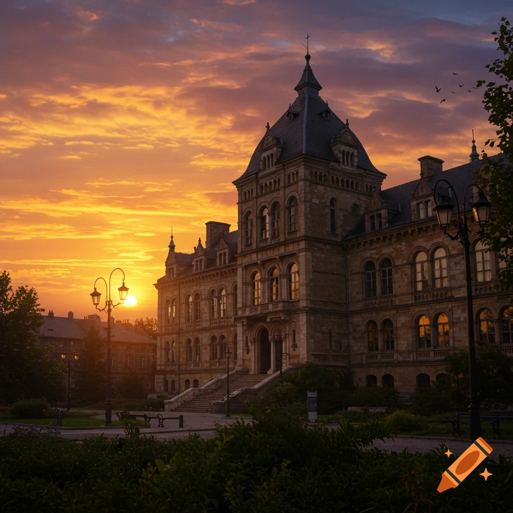 Ornate stone building with a spire silhouetted against a vibrant orange and purple sunset sky.