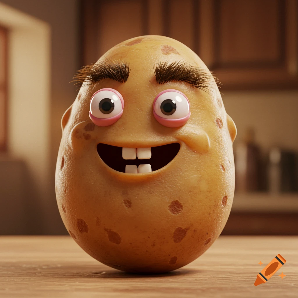 A 3D rendered, cartoonish potato with large googly eyes, thick bushy eyebrows, and a wide smile with missing teeth, in a kitchen.