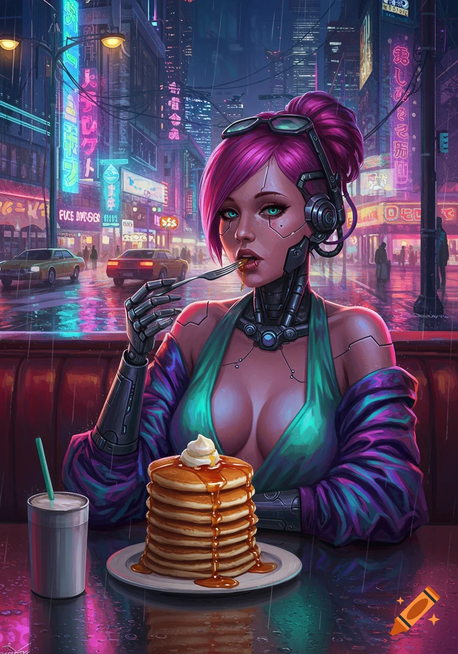 A cyberpunk woman with pink hair and a cyborg arm eats a stack of pancakes in a neon-lit, rainy city diner.