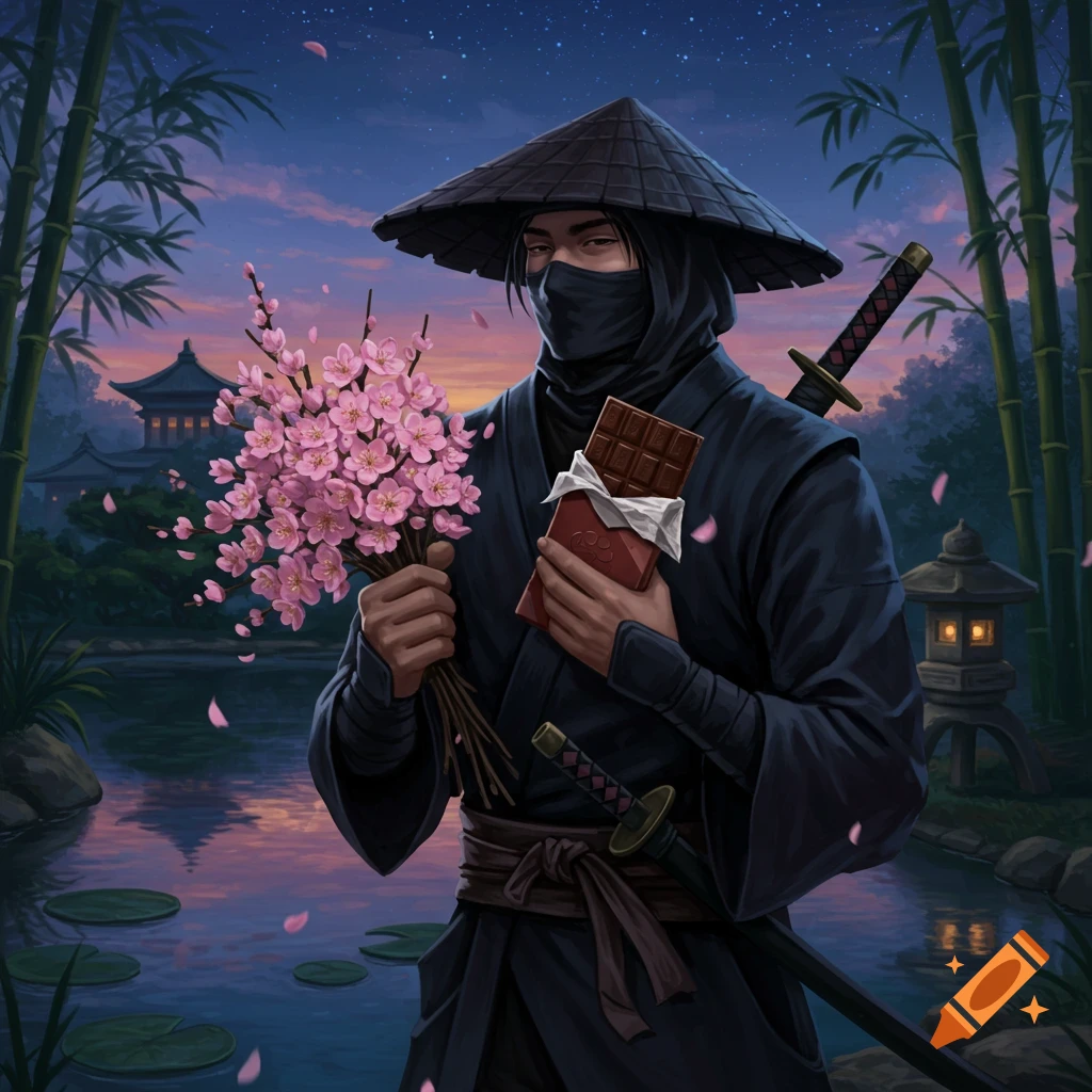 A ninja in a conical hat holds pink cherry blossoms and a chocolate bar in a serene Japanese garden at dusk.