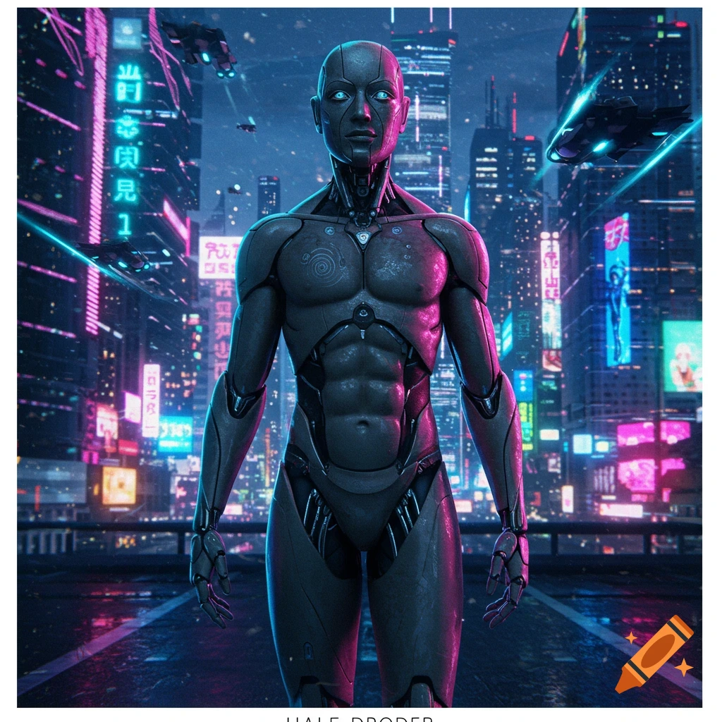 A humanoid robot stands in the foreground of a neon-lit cyberpunk city at night, with flying vehicles in the sky.