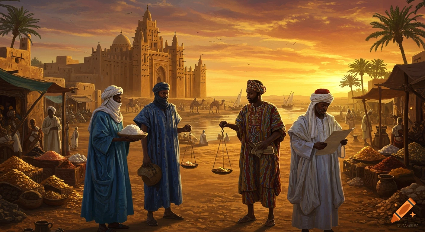 Vibrant painting of a bustling 14th-century Timbuktu market at sunset, with merchants, mud-brick architecture, and camels.