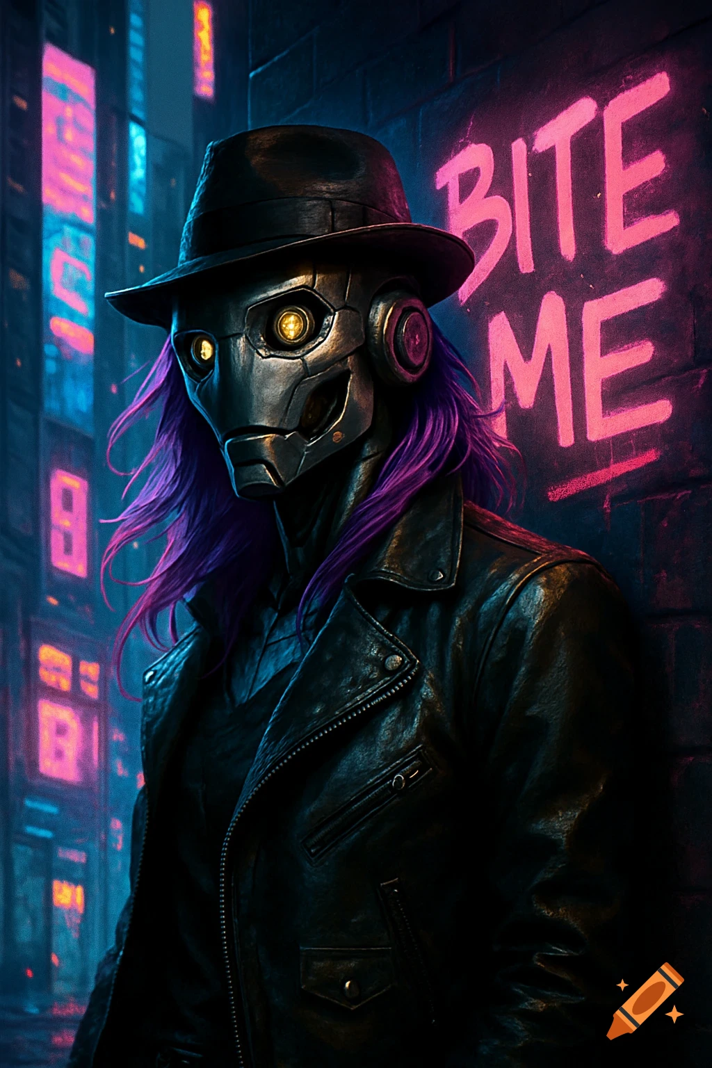 A cyberpunk robot with glowing yellow eyes, purple hair, a black fedora, and a leather jacket stands by a neon "BITE ME" sign.