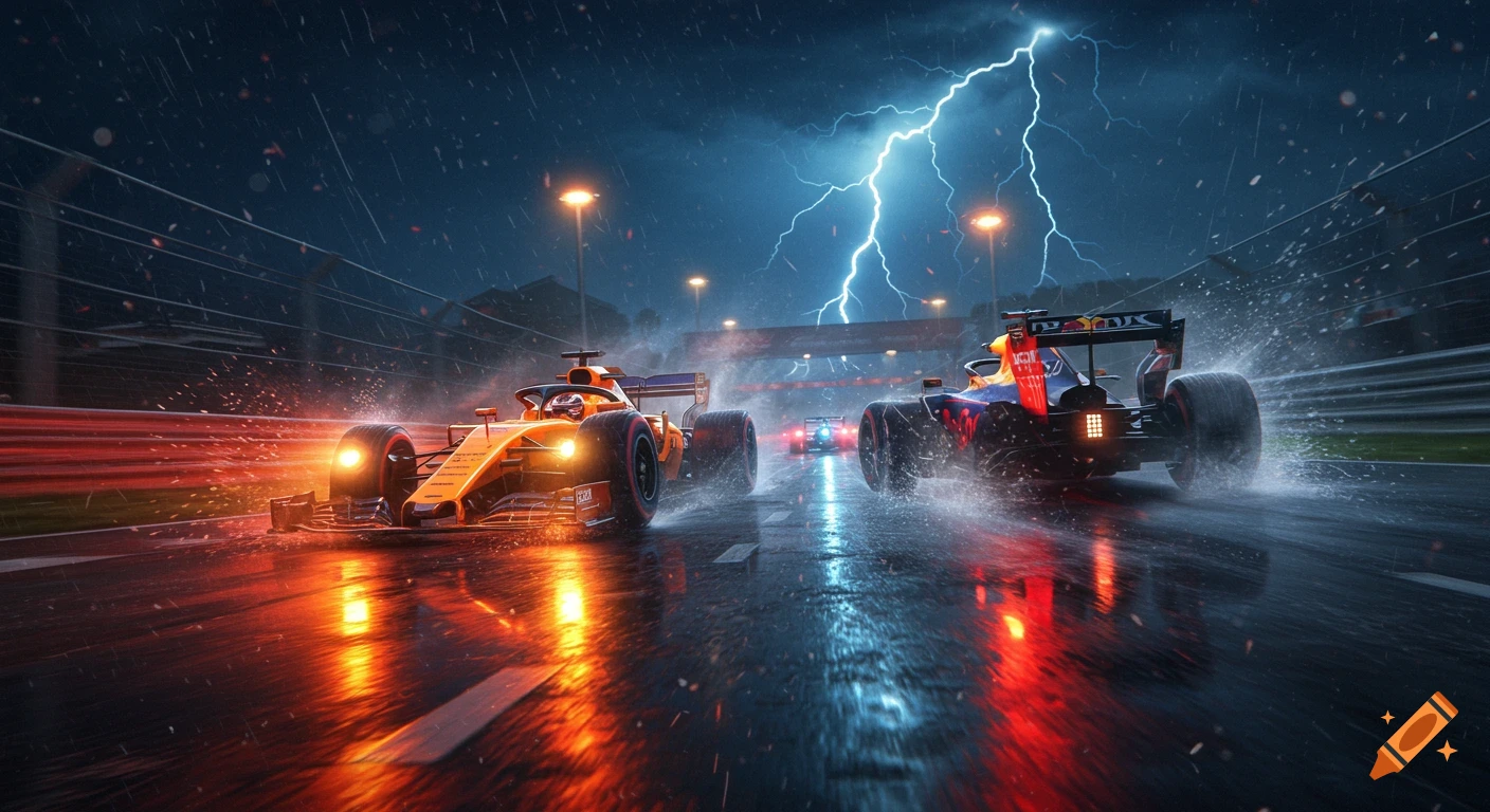 Two Formula 1 race cars, one orange and one blue/red, speed on a wet track at night during a lightning storm with rain.
