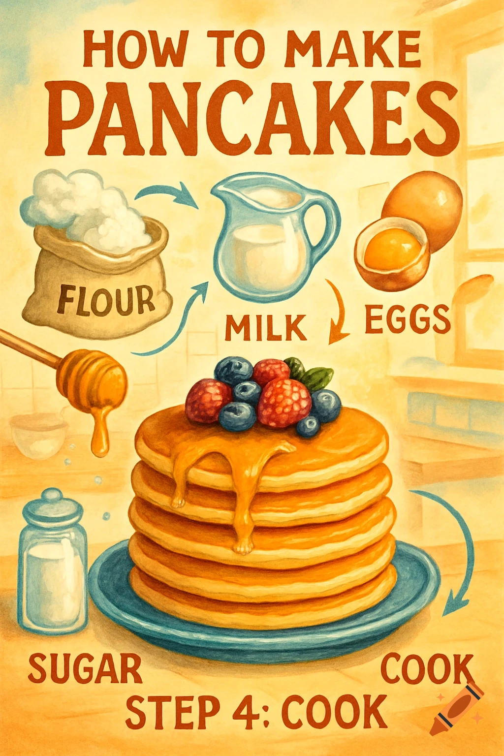 An illustrated poster titled 'HOW TO MAKE PANCAKES,' with ingredients (flour, milk, eggs, sugar) and a stack of berry-topped pancakes with syrup.