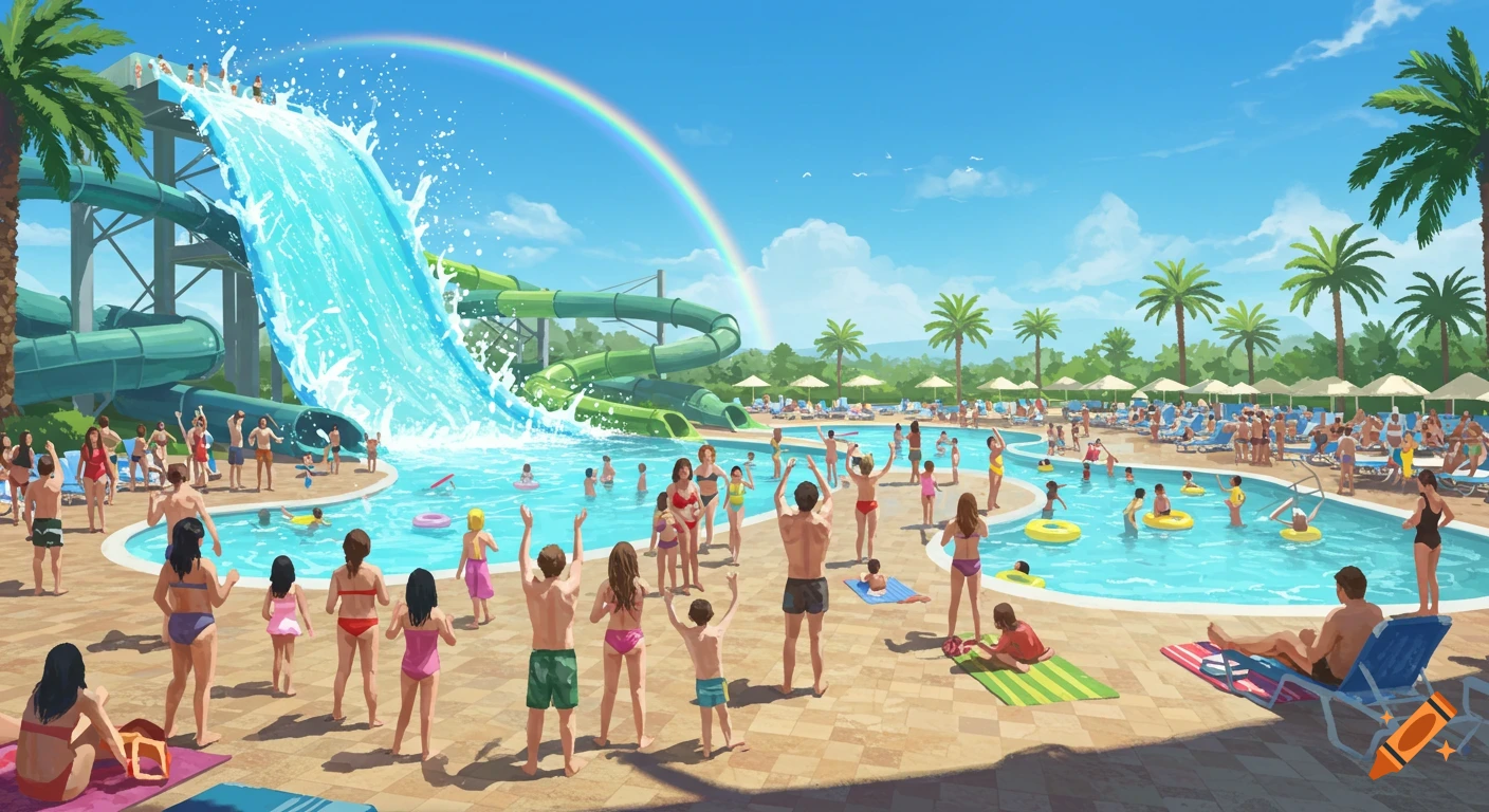 A colorful illustration of a bustling water park filled with many people swimming, sliding down water slides, and relaxing under a blue sky with a rainbow.