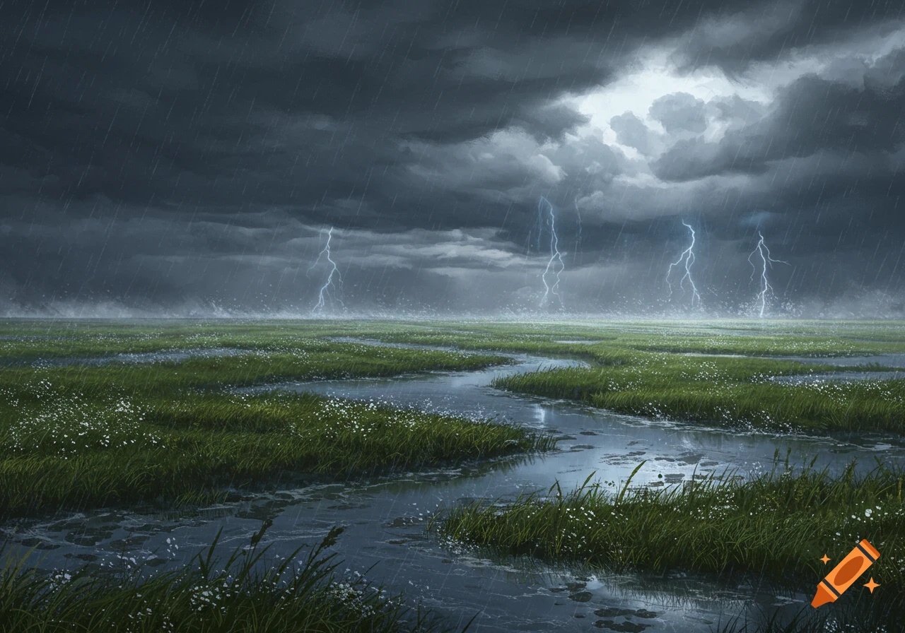 A dark, stormy landscape with heavy rain falling over vast green fields. Lightning strikes illuminate the gloomy sky and winding water paths.