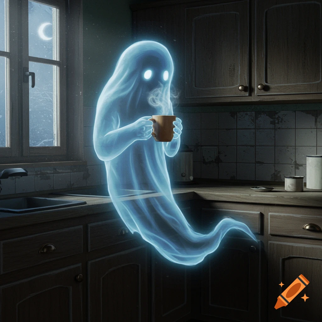 A glowing blue ghost with bright eyes holds a steaming coffee mug in a dark kitchen at night, with a crescent moon visible through the window.