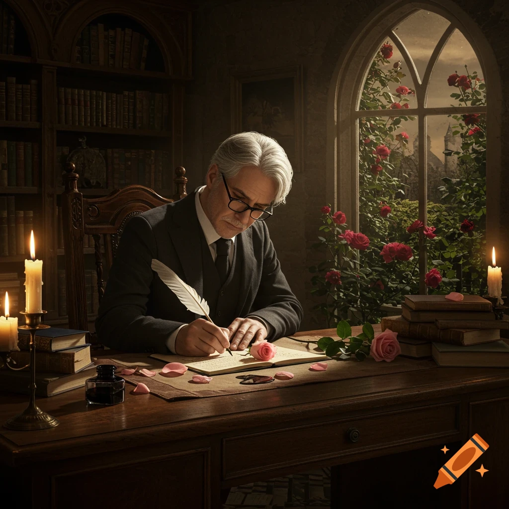 A distinguished man in a suit writes with a quill at a candlelit desk adorned with roses and books, by a large window overlooking a rose garden.