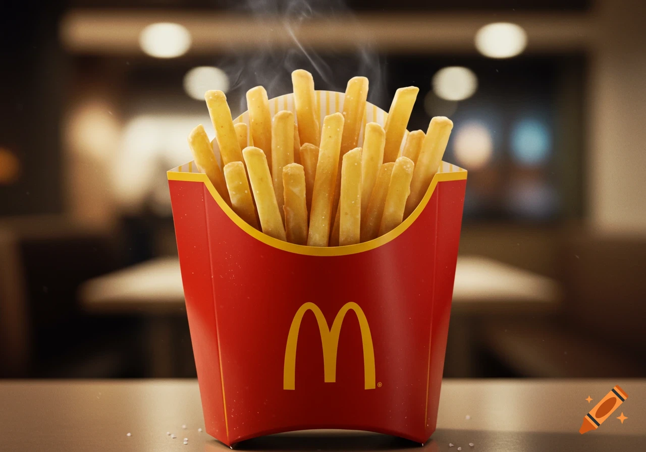 A steaming red McDonald's fries box filled with golden french fries, with salt scattered on a table.