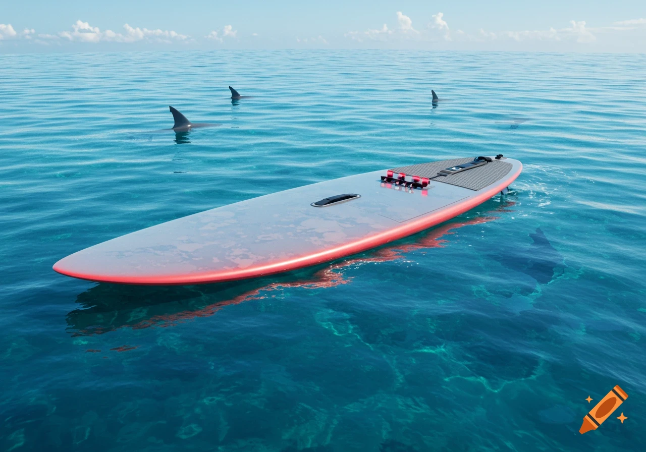 A photorealistic image of a red-edged surfboard floating on clear blue ocean water, with three shark fins visible nearby.