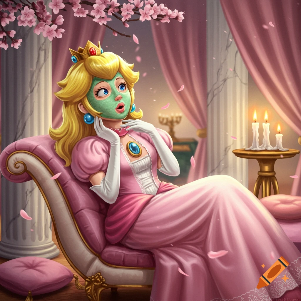 Princess Peach in a green spa mask relaxing on a pink chaise lounge in a luxurious room with cherry blossoms, digital illustration.