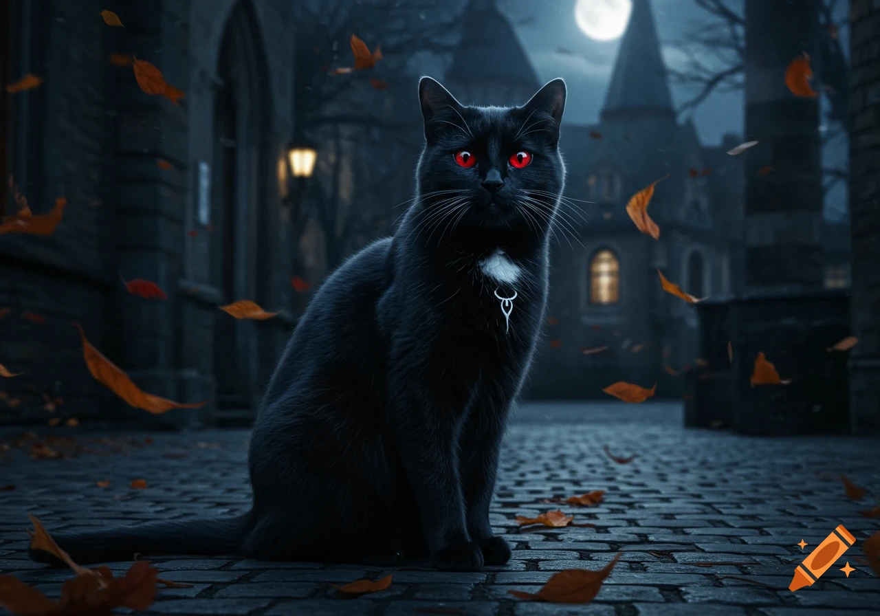 A black cat with glowing red eyes and a white chest patch sits on cobblestones at night, in front of a dark gothic building with falling leaves.
