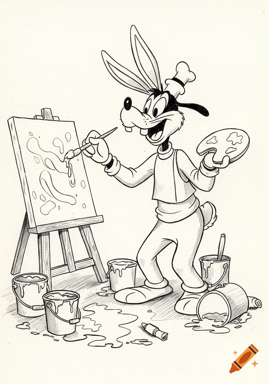 A black and white line drawing of a Goofy-Bugs Bunny hybrid character painting on an easel, with spilled paint on the ground.