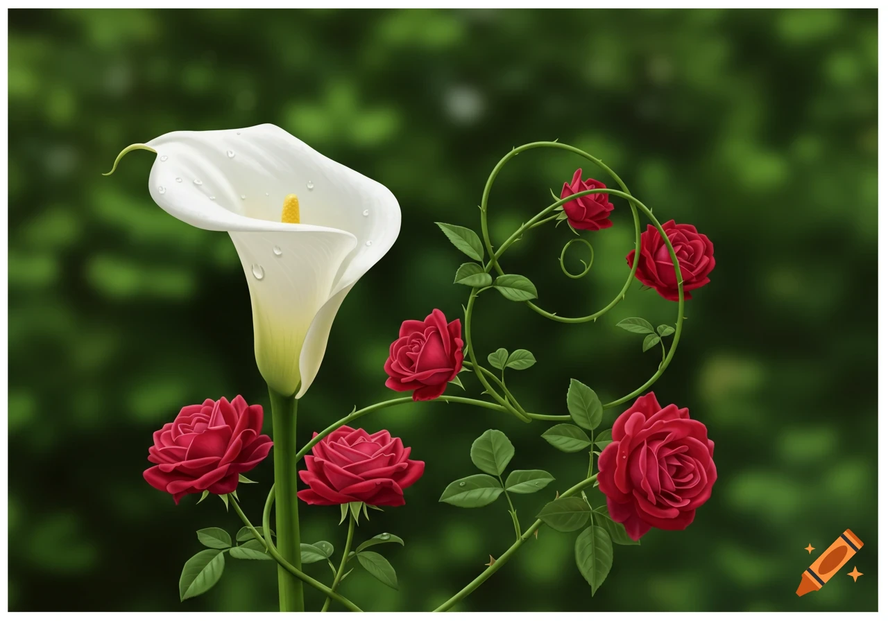 A white calla lily with water droplets and entwined red roses and thorny green vines against a blurred green background.