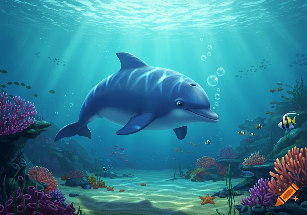 A blue cartoon dolphin with a friendly smile swims underwater among colorful coral and tropical fish, with rays of sunlight filtering from above.