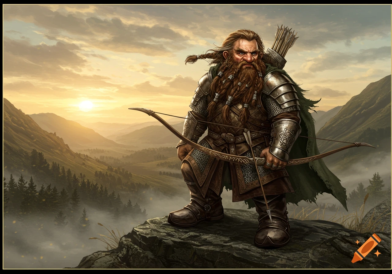 A bearded dwarf ranger in armor holds a bow, standing on a mountain peak overlooking a misty valley at sunset.