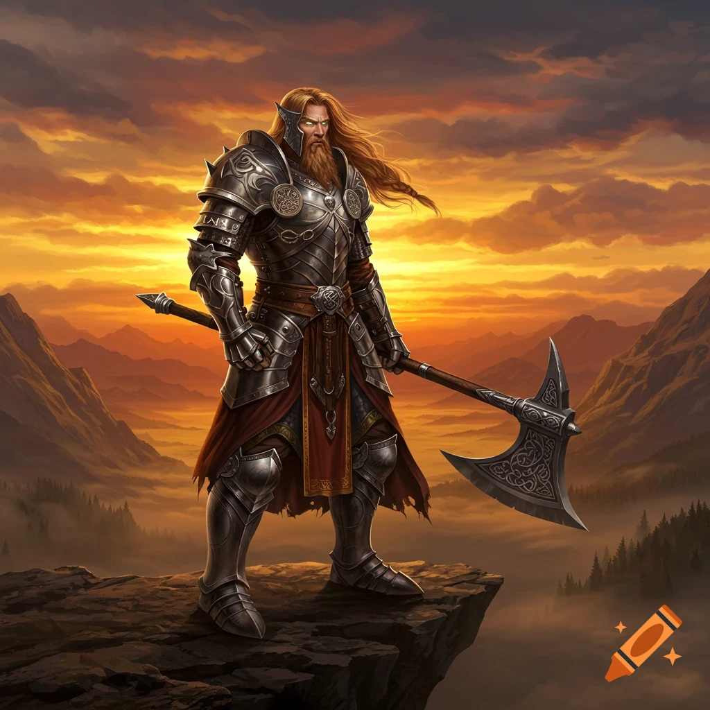 A fantasy warrior with long blonde hair and a beard, wearing ornate silver armor, stands on a cliff holding a large axe. A vibrant orange and yellow sunset illuminates a misty mountain valley in the background.