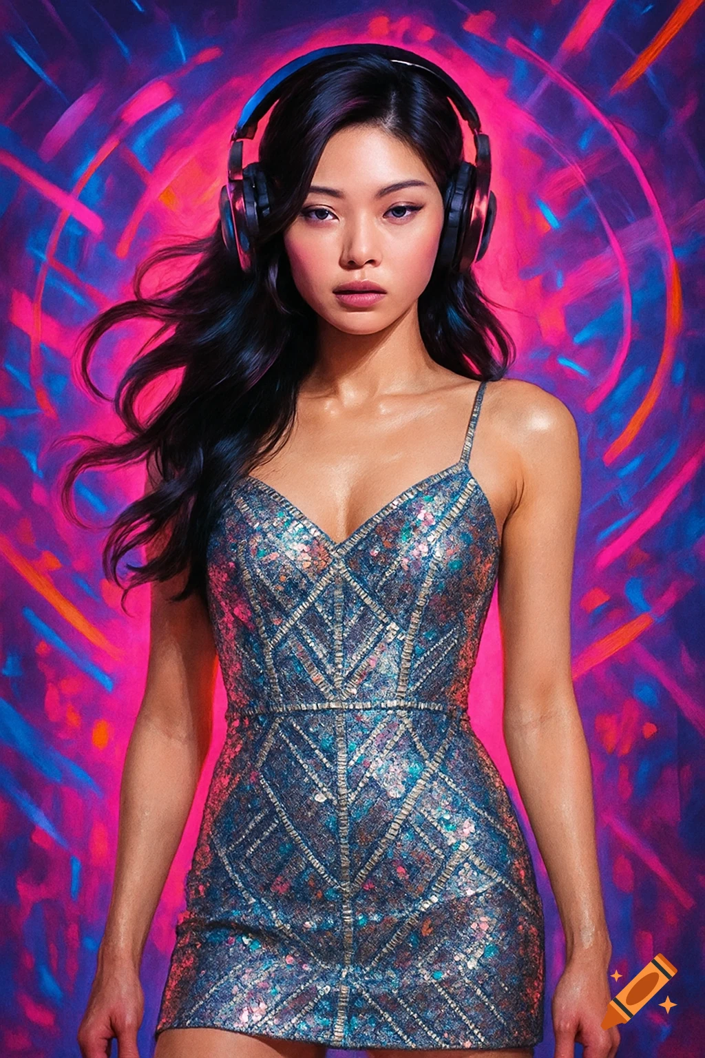 A woman with headphones and a sparkly dress stands against a vibrant, abstract pink and blue background.