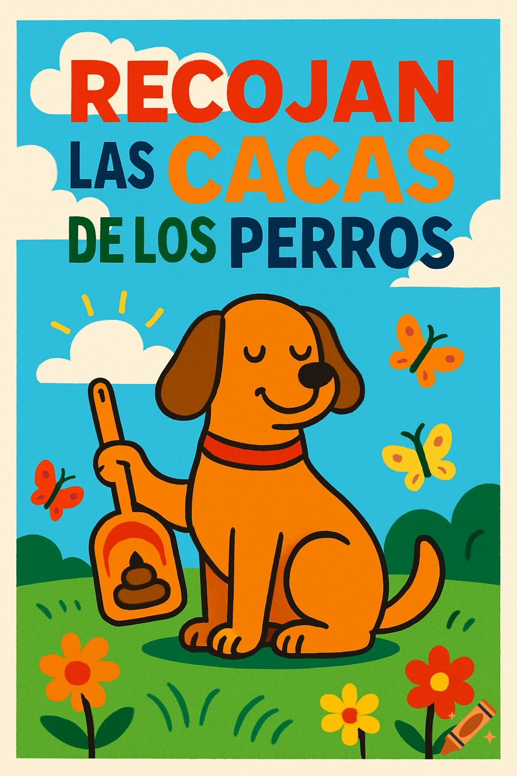 A colorful cartoon poster shows a smiling dog holding a poop scooper with feces, surrounded by flowers and butterflies. The text reads "RECOJAN LAS CACAS DE LOS PERROS" (Pick up dog poop).