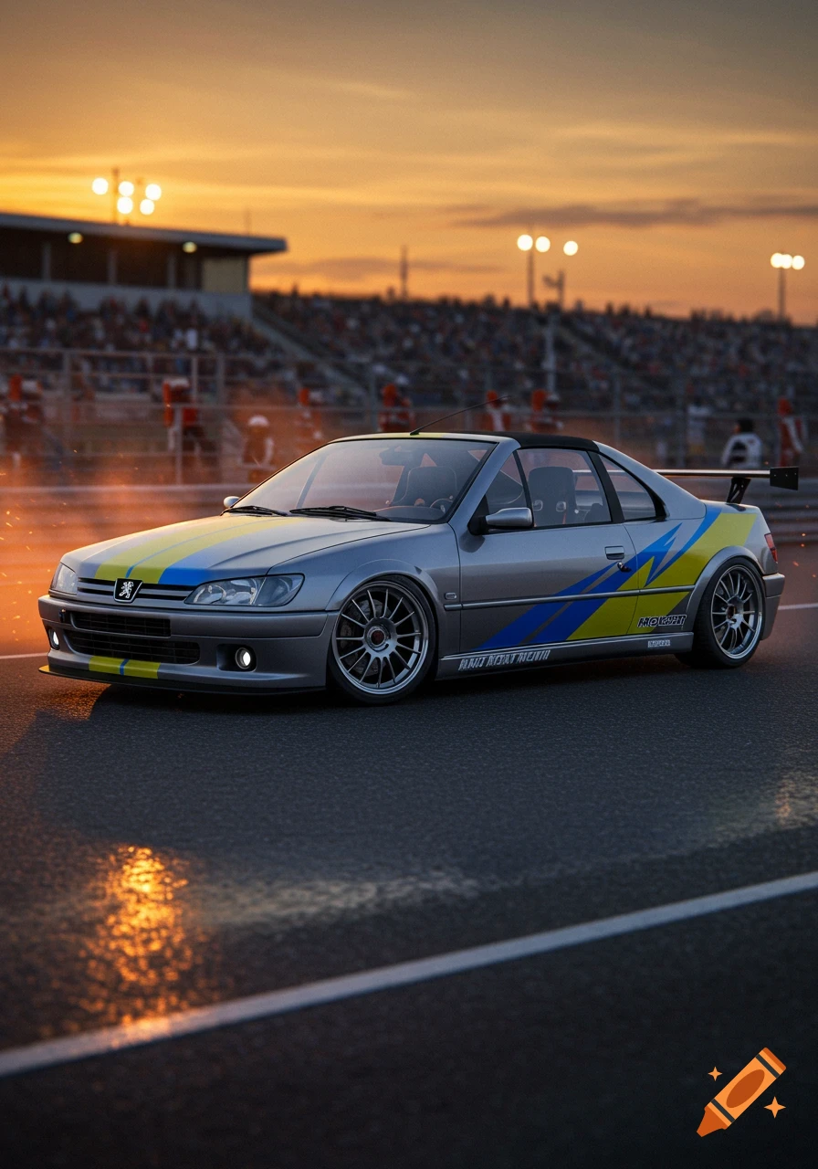 A silver Peugeot 306 race car with blue and yellow decals on a wet track at sunset, with a blurred stadium crowd in the background.