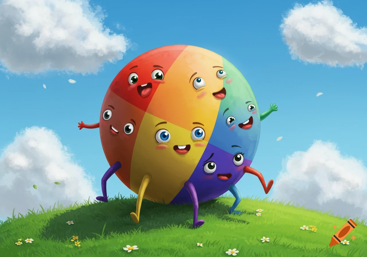 A whimsical, cartoon rainbow ball with multiple happy faces and legs runs across a grassy hill under a blue sky with fluffy clouds.